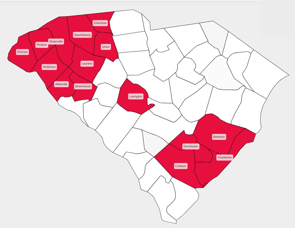 A 2026 map from Drolet Bail Bonds depicting our service area for consumers. We primarily service all of Oconee County, including Walhalla and Seneca, but we also cover all Upstate counties, many Midlands counties, and the South Carolina Lowcountry. We are a statewide agency.