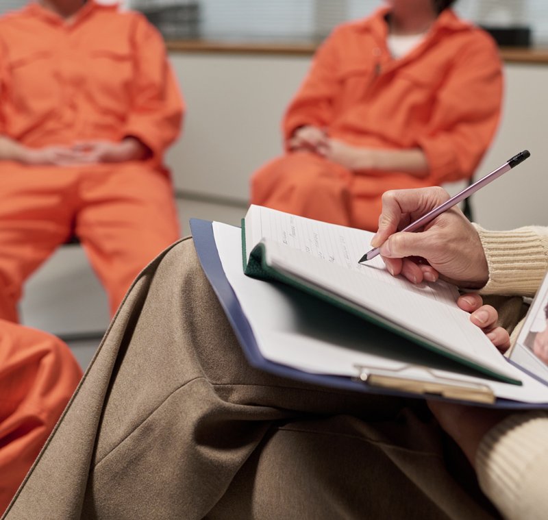 An Oconee County, SC jailer sits down on her chair with a notebook on her lap and a pencil in her hand, jotting down notes as inmates answer her questions. Three men are wearing orange jumpsuits, and all are inmates at the jail in Walhalla, SC.